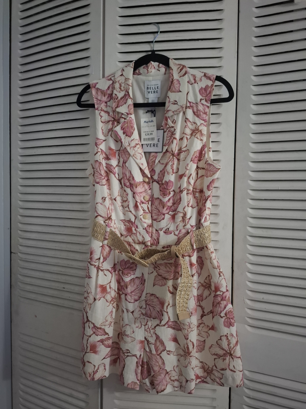 Belle Vere Cream Mini Dress with Pink Floral Print and Woven Tan Belt